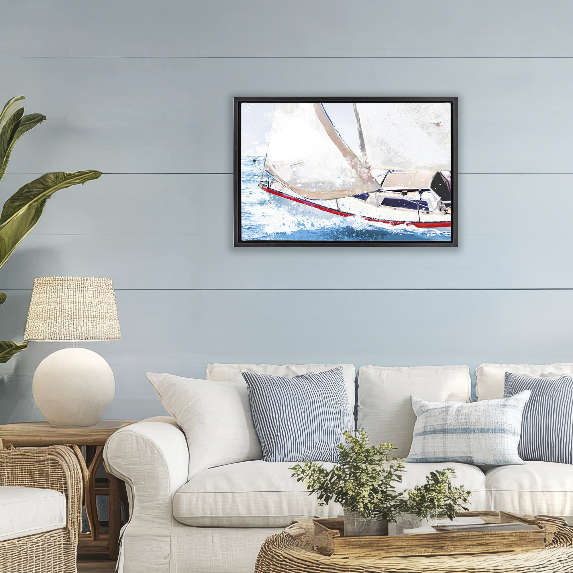 Stupell Industries Sailboat Racing Through Blue Waves Black Framed Floater Canvas Wall Art, design by Porter Hastings
