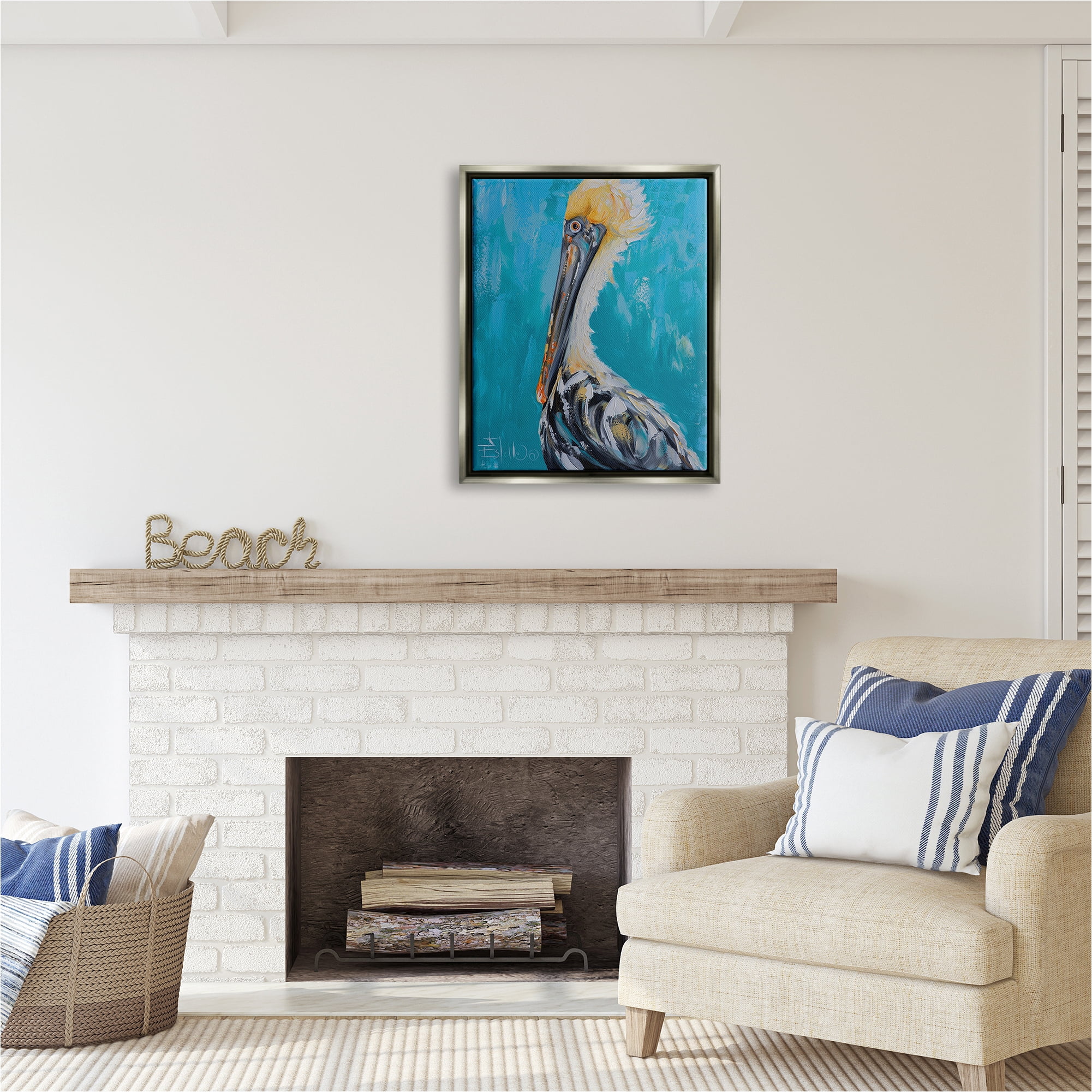 Stupell Industries Blue Pelican Painting Animals & Insects Painting Gray Floater Framed Canvas Art Print Wall Art, 25 x 31