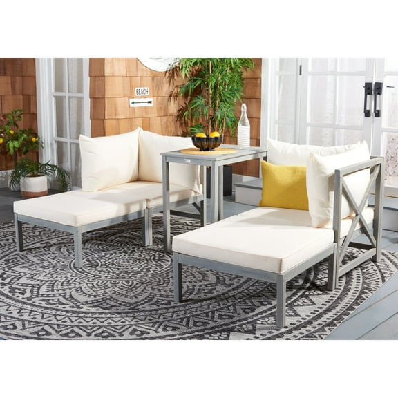 SAFAVIEH Ronson Outdoor Patio 5 Pc Chat Set, Ash Grey/Beige