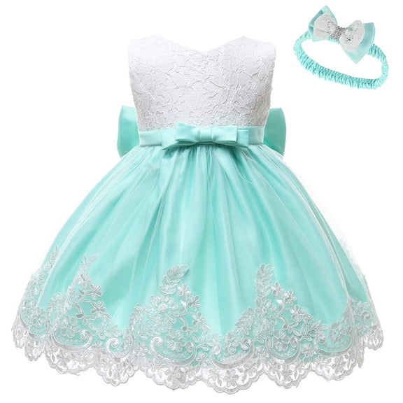 SUXIAN Girls Dress Sleeveless Lace Embroidery Bowknot Wedding Tutu Set Headband Baby Toddler Girl Dresses Green 6-12 Months