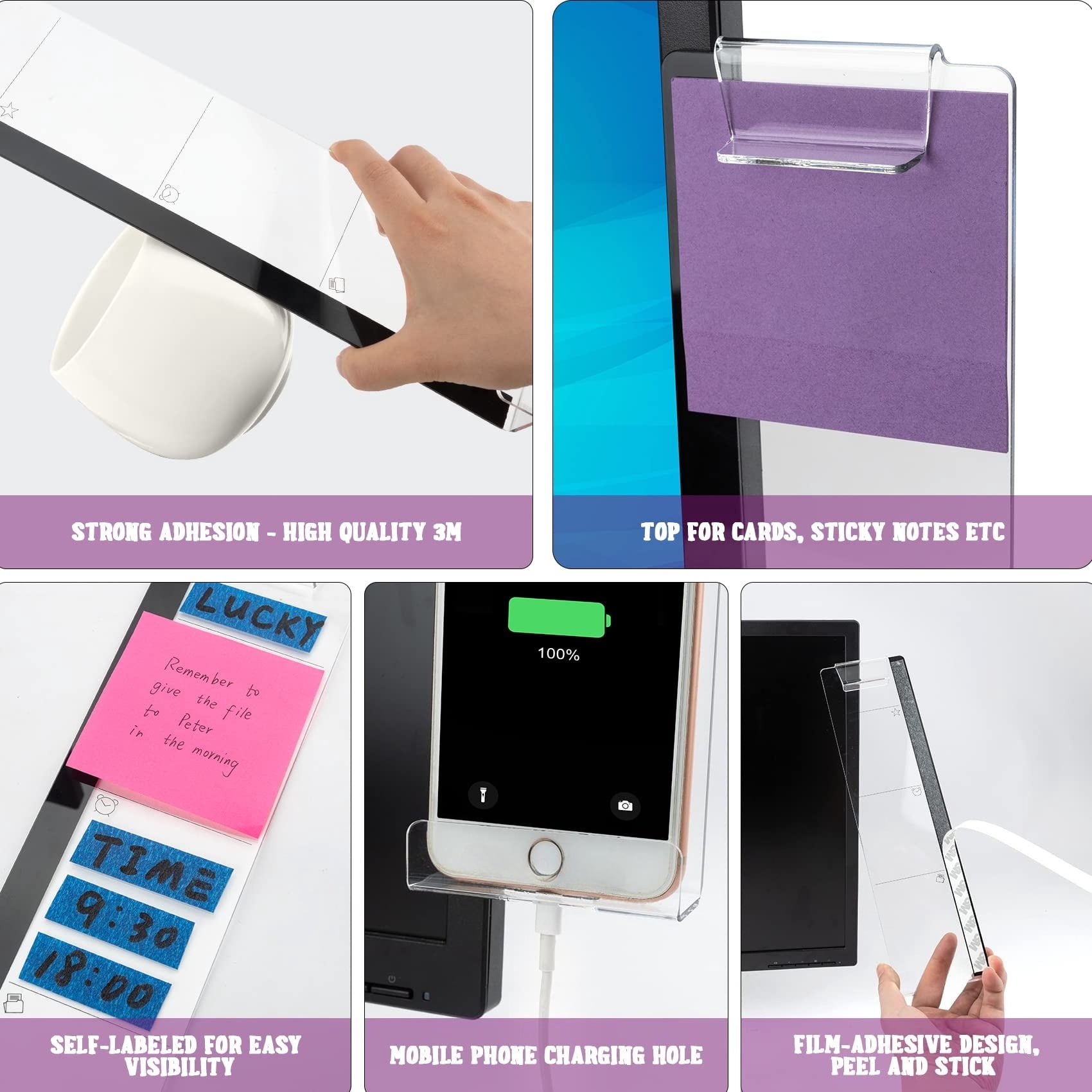 2 Pack Transparent Monitor Side Panel Message Board with Sticky Note and Phone Holder, Multifunction Desk Accessory for Office or Home