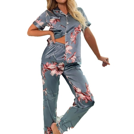 

Womens Pajama Sets Button Front Lapel Sleepwear Dusty Blue L