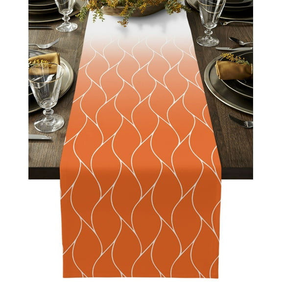 Table Runner Dresser Scarves 36 Inch Long, Moroccan Geometrical Stripe Texture Linen Dining Table Runners Orange Gradient Curved Line Tabletop Scarf for Wedding Holiday Party Kitchen