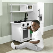 Delta Children Deluxe Modern Kitchen - Wooden Toy Kitchen Playset with Realistic Knobs that Turn/Click, Oven, Sink and Fridge/Freezer with Ice Maker, White