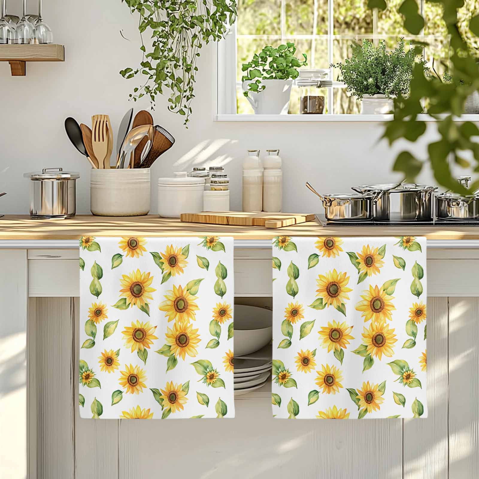Summer Sunflowers Kitchen Towels Set of 2, Watercolor Botanical Floral Leaves Absorbent Dish Towels for Kitchen, Microfiber Hand Towel, Quick Drying Tea Towel for Cleaning Decorative Dishcloths