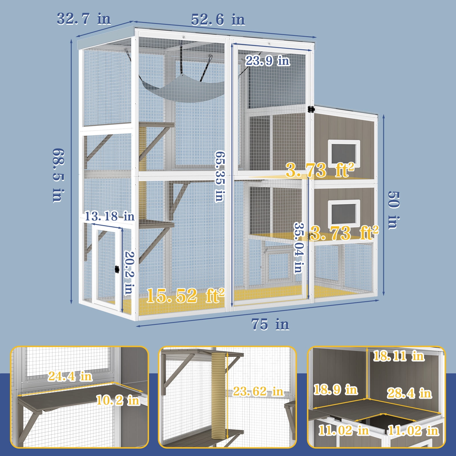 Large Outdoor Catio Cat Enclosure, Walk-in Wooden Cat House with 4-Level Play Platforms, Removable Roof Cover & Window Connection, 75"L