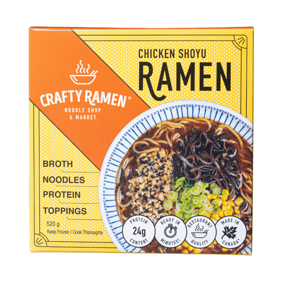 Chicken Shoyu Ramen, Restaurant-Quality Frozen Ramen - 520g, 24g Protein per serving. Includes: broth, noodles, protein, toppings. Ready in minutes.