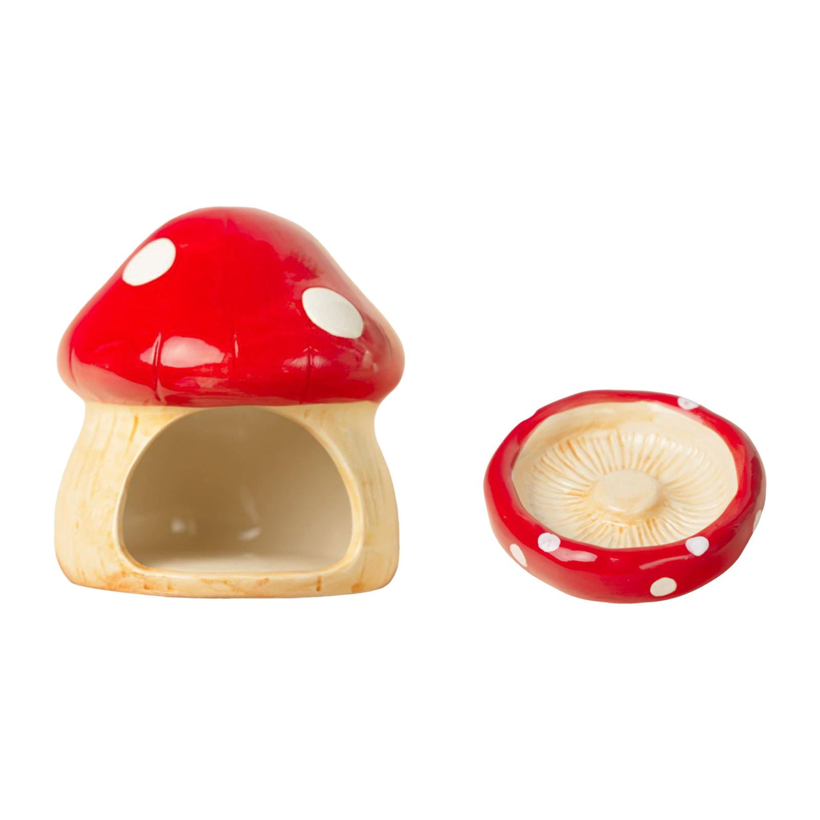EHJRE Ceramic Hamster House Small Animal Hideout Cave Indoor with Food Feeding Bowl Mushroom Shaped for Hedgehog Small Animals Rats Red