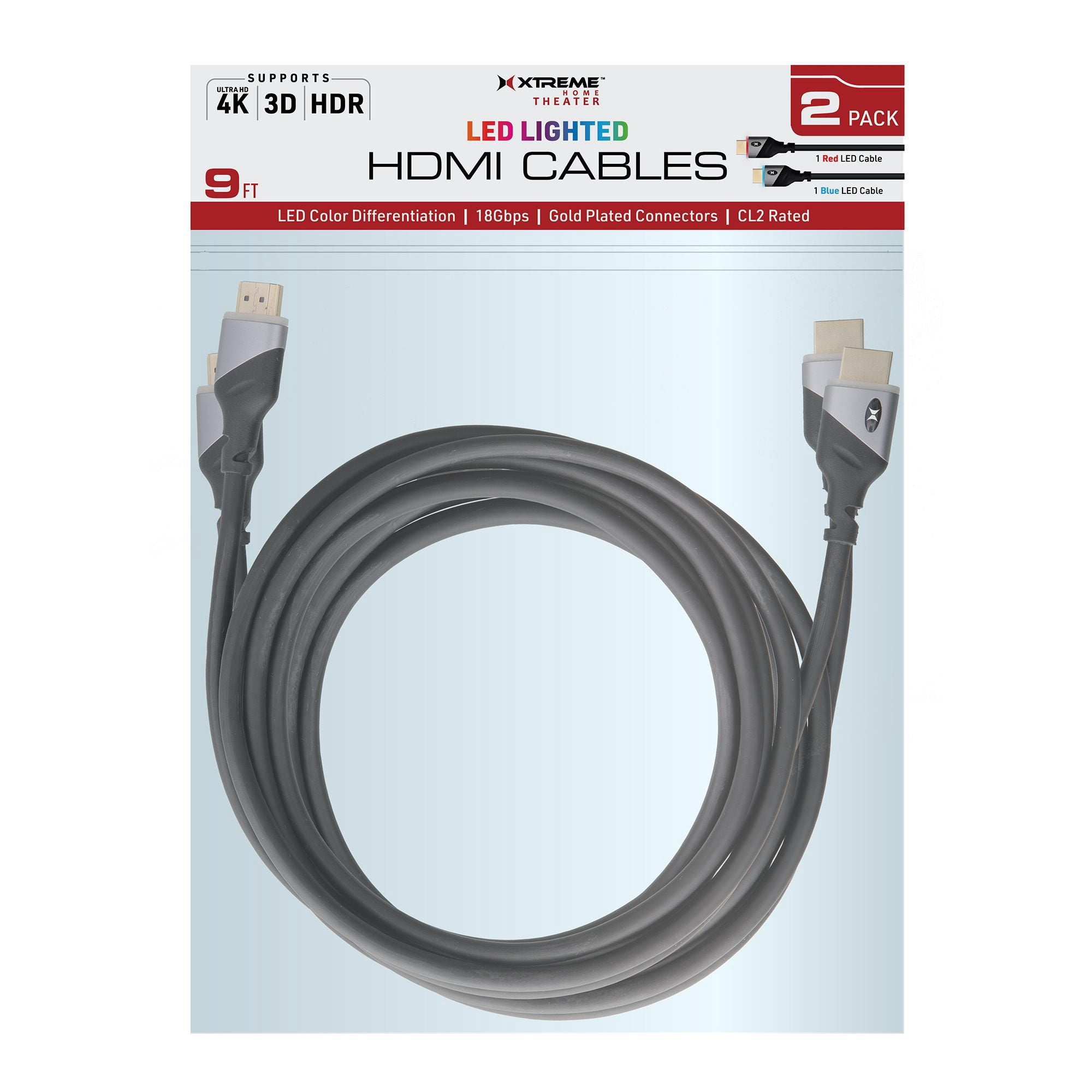 Xtreme 9FT LED Lighted HDMI Premium Cables, 2 pk