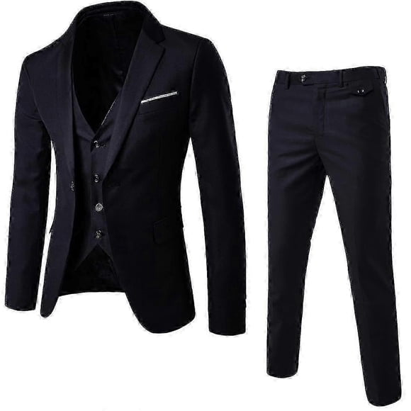 Traje de hombre de 3 piezas de corte ajustado: chaqueta, chaleco y pantalón lisos con un botón.