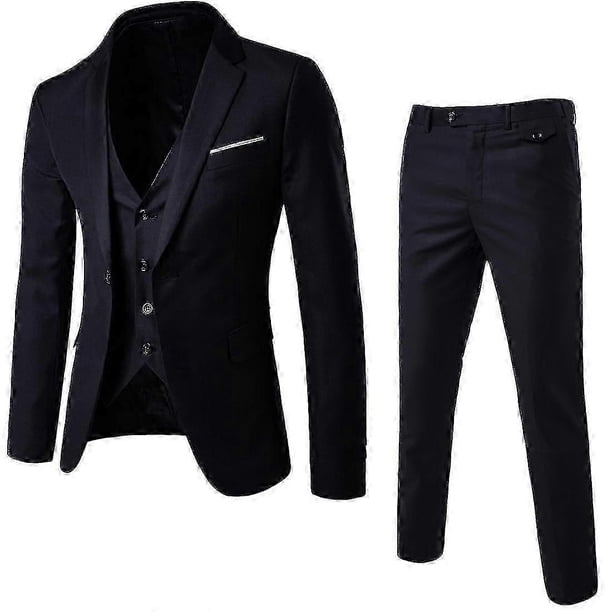 Traje de hombre de 3 piezas de corte ajustado: chaqueta, chaleco y pantalón lisos con un botón.
