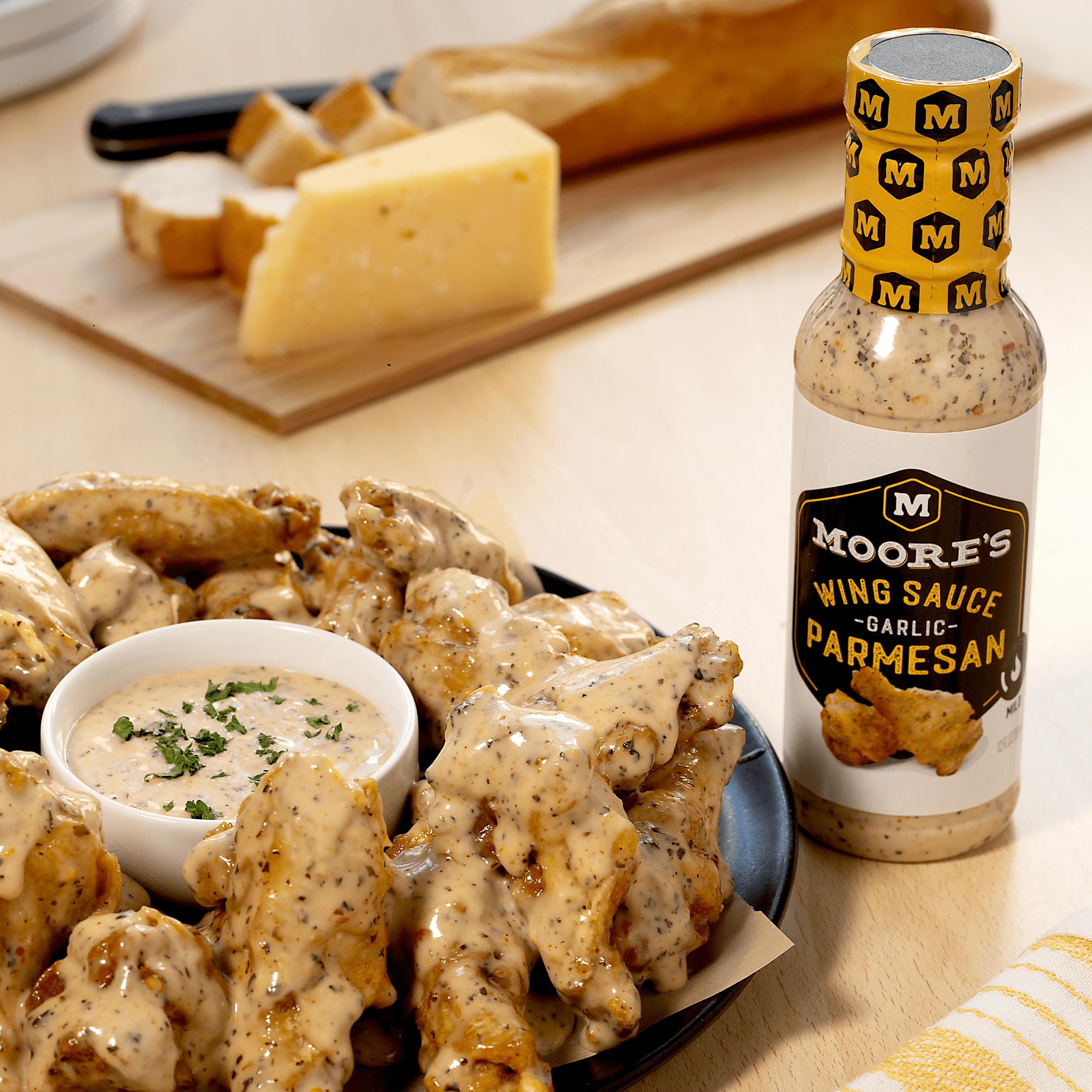 (4 pack) Moore's Garlic Parmesan Wing Sauce Liquid Cooking Marinade, 12 fl oz Bottle