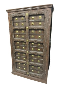 Mogul Antique Old Door Brass Armoire Hand Carved Cabinet Storage Indian Furniture