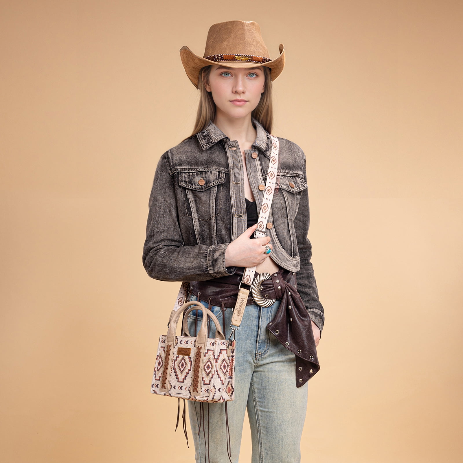 Wrangler Mini Tote Bag Small Top Handle Bag Ladies Woven Satchel Handbag, Tan