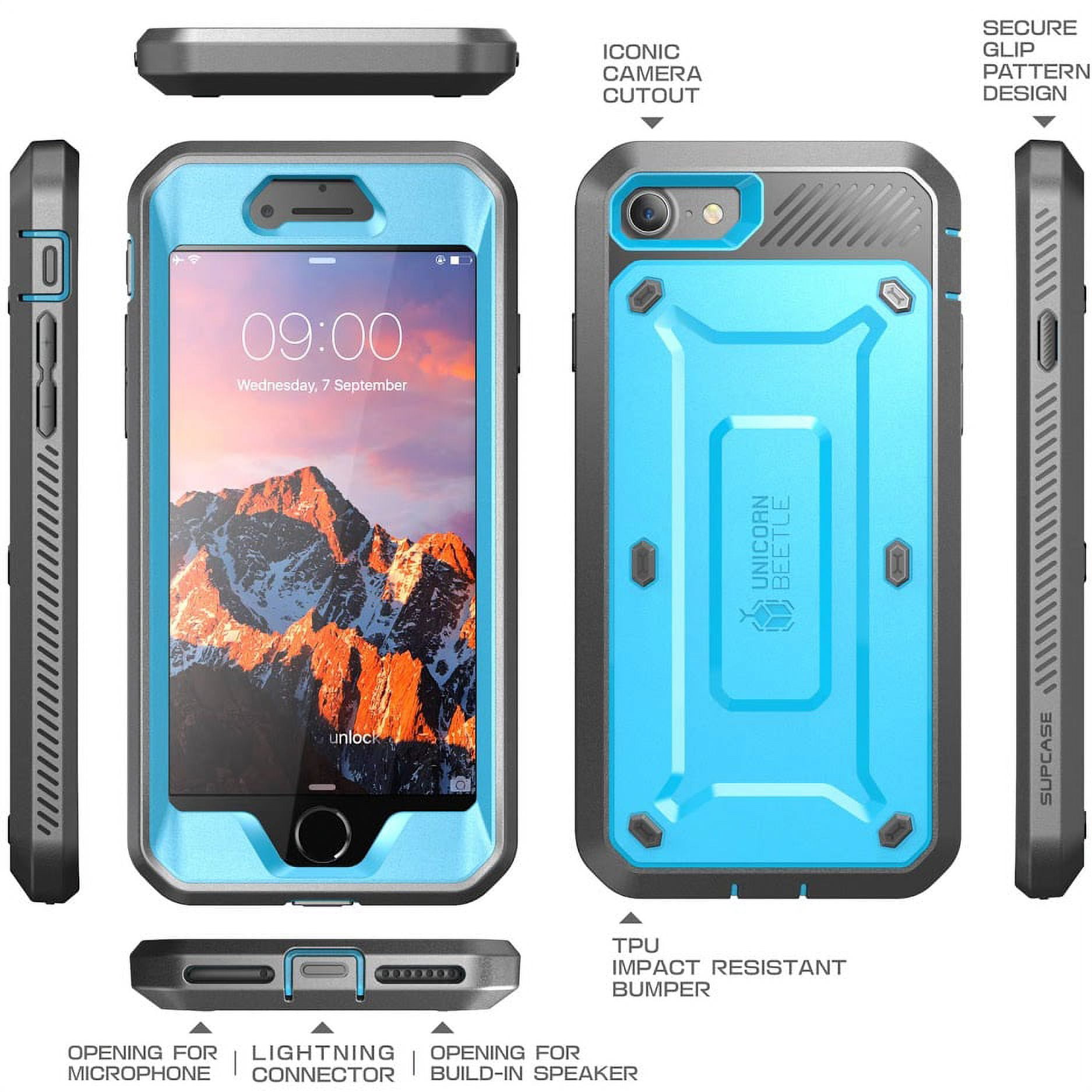 SUPCASE Unicorn Beetle Pro Series Case Designed for iPhone SE 3rd Gen (2022) / iPhone SE 2nd Gen (2020) / iPhone 7 / iPhone 8, Full-Body Rugged Holster Case with Built-In Screen Protector (Blue)