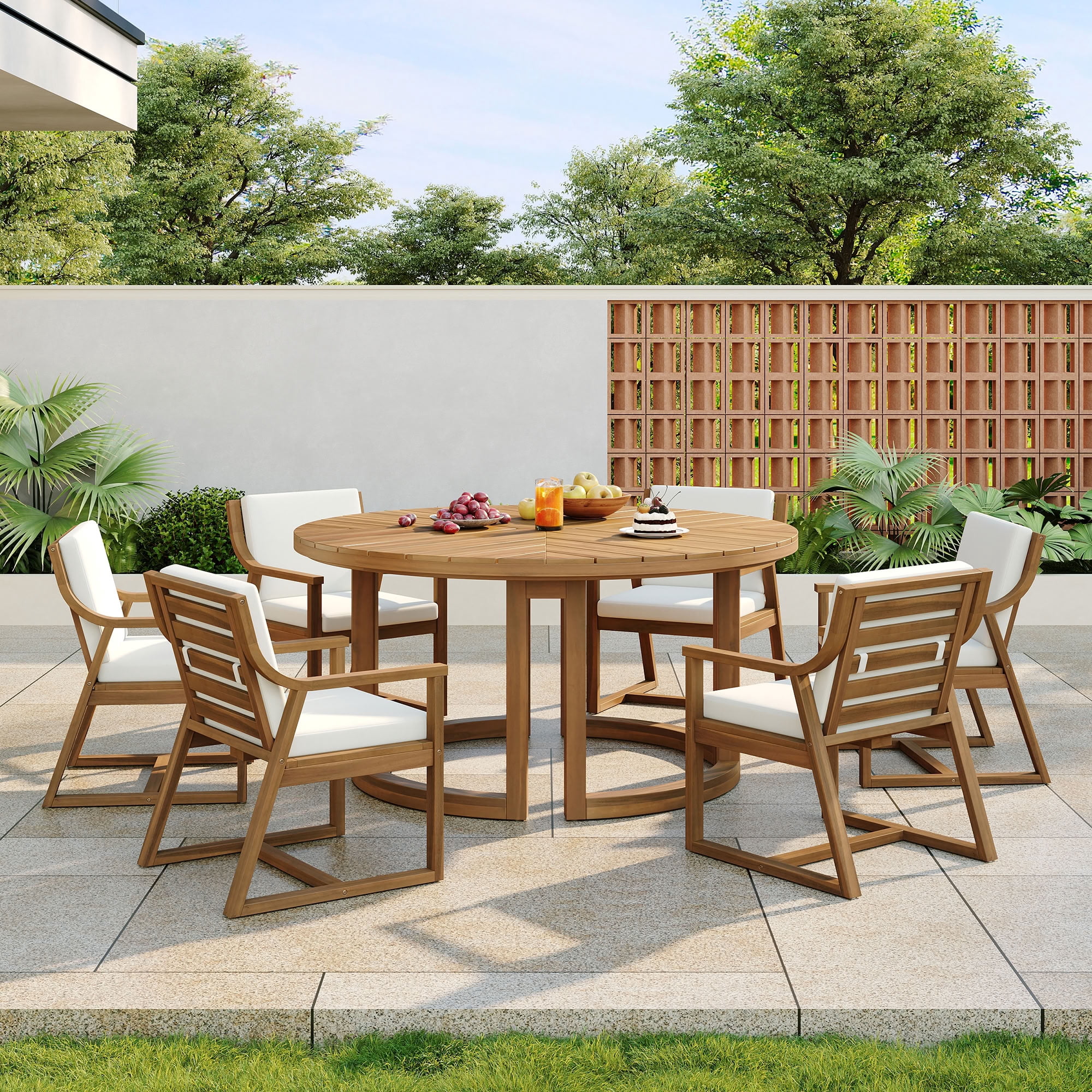 MAYEERTY Patio Dining Table Set for 6, Outdoor Wooden Patio Furniture Set with Removable Cushions & Umbrella Hole for Pools