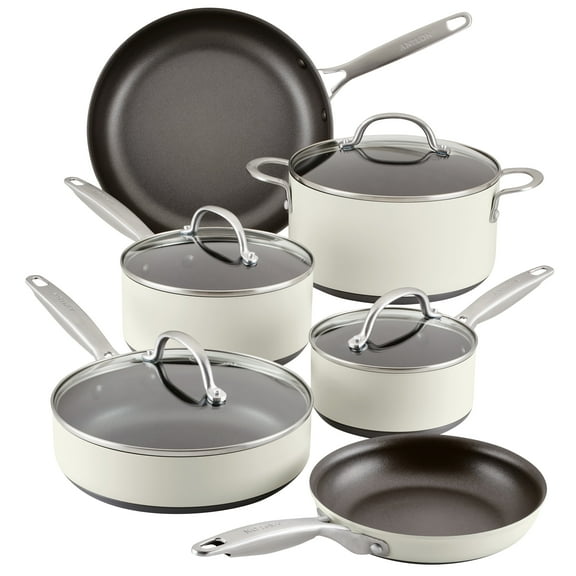 Anolon Achieve 10 Piece Nonstick Hard Anodized Aluminum Pot and Pan Set, Cream