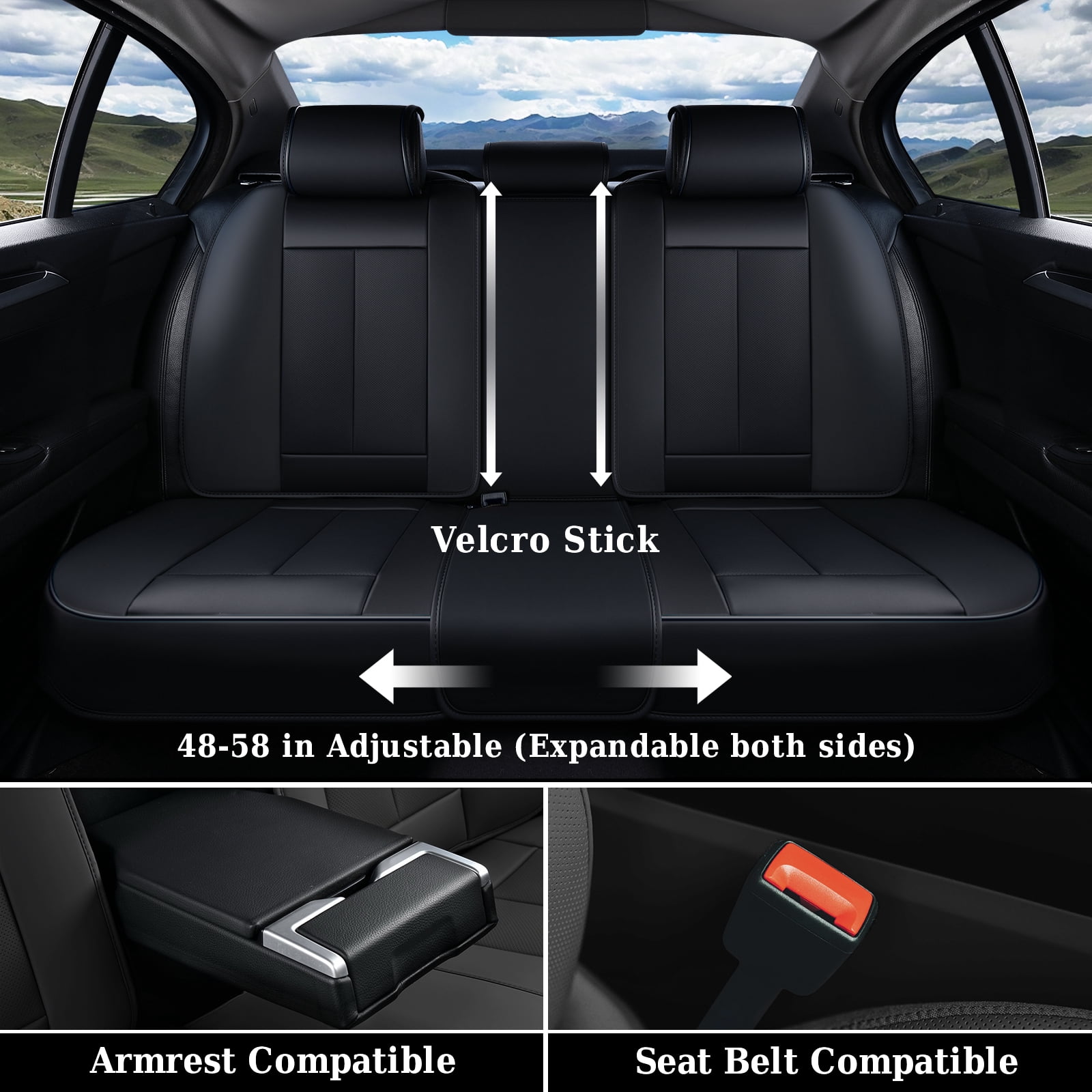 Coverado Car Seat Covers Full Set, Premium Leather Seat Protectors with Lumbar Support, Waterproof Auto Cushions Universal Fit for Most Cars, Black