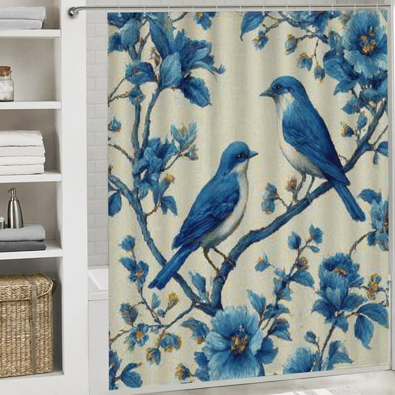 RKSupls Christmas Shower Curtain, Blue Birds Shower Curtain with Hooks for Christmas Home Bathroom Decor Washable Curtains, 72x72 in