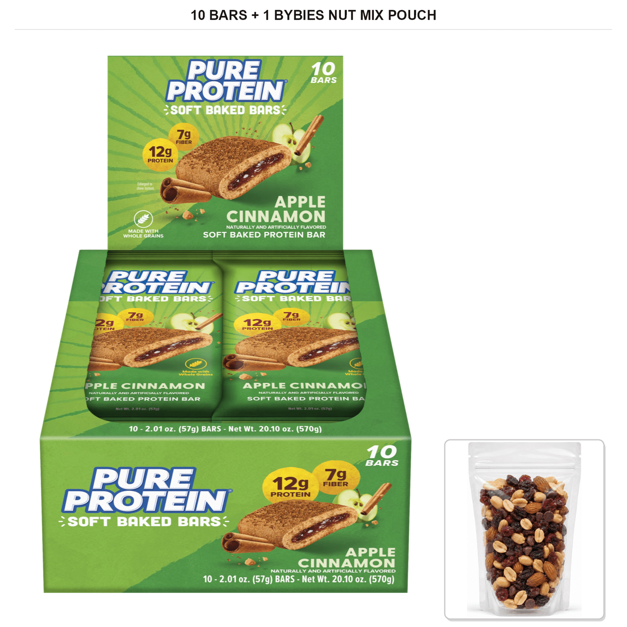 Pure Protein Apple Cinnamon Soft-Baked Protein Bars, 10 Bars + 1x Bybies Nut Mix Pouch, 2 oz