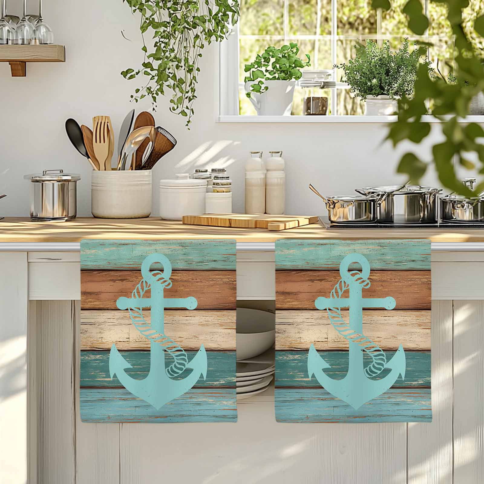 Turquoise Anchor Kitchen Towels Set of 2, Nautical Brown Green Retro Wood Grain Absorbent Dish Towels for Kitchen, Microfiber Hand Towel, Quick Drying Tea Towel for Cleaning Decorative Dishcloths