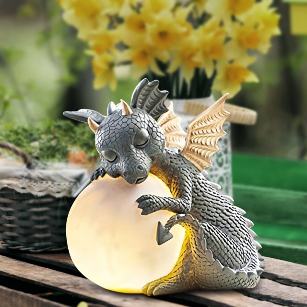 Estatua de dragón de jardín, adorable figura de dragón de resina para bebé, regalo ornamental con lámpara