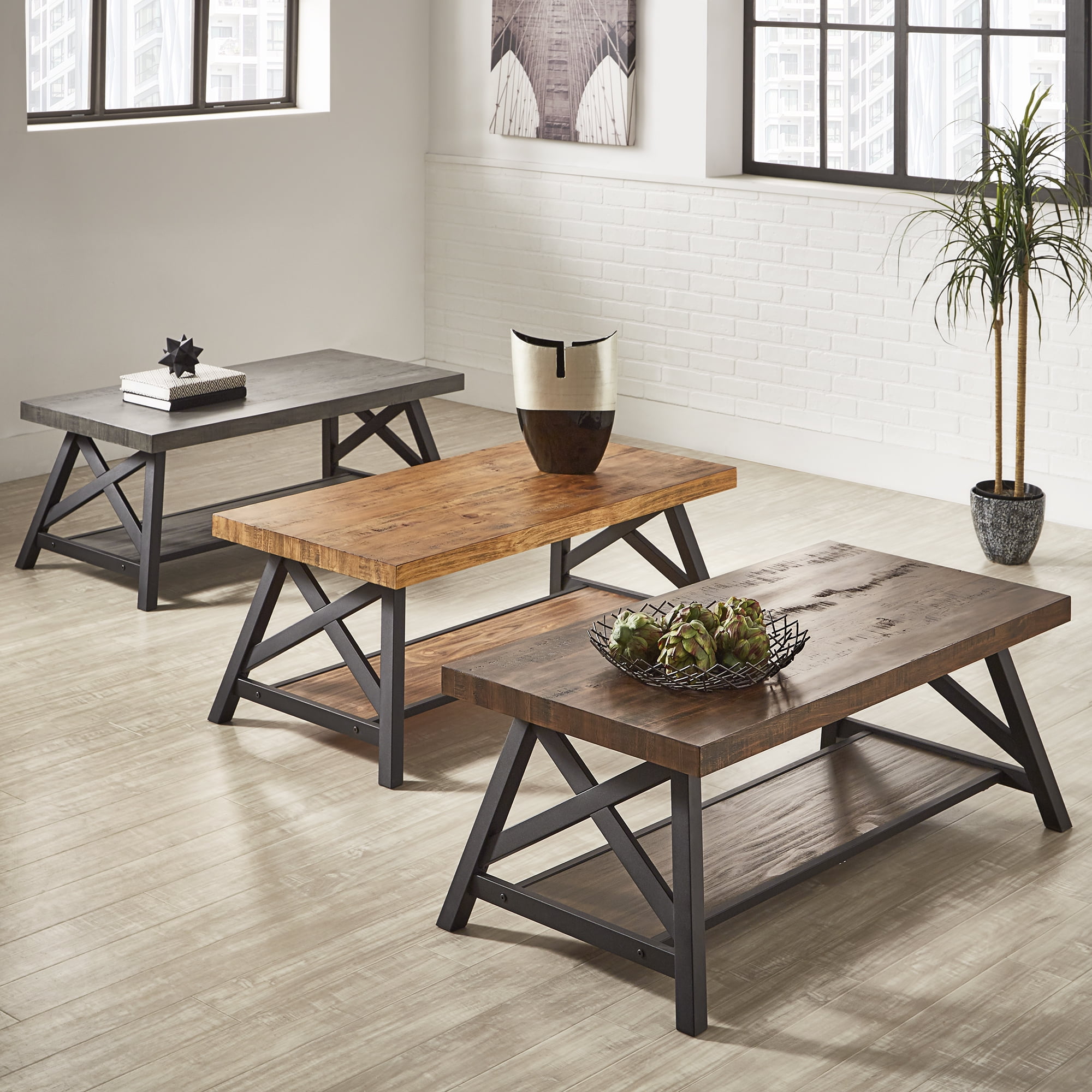 Weston Home Westyn Rustic X Base Wood Rectangular Coffee Table, Gray