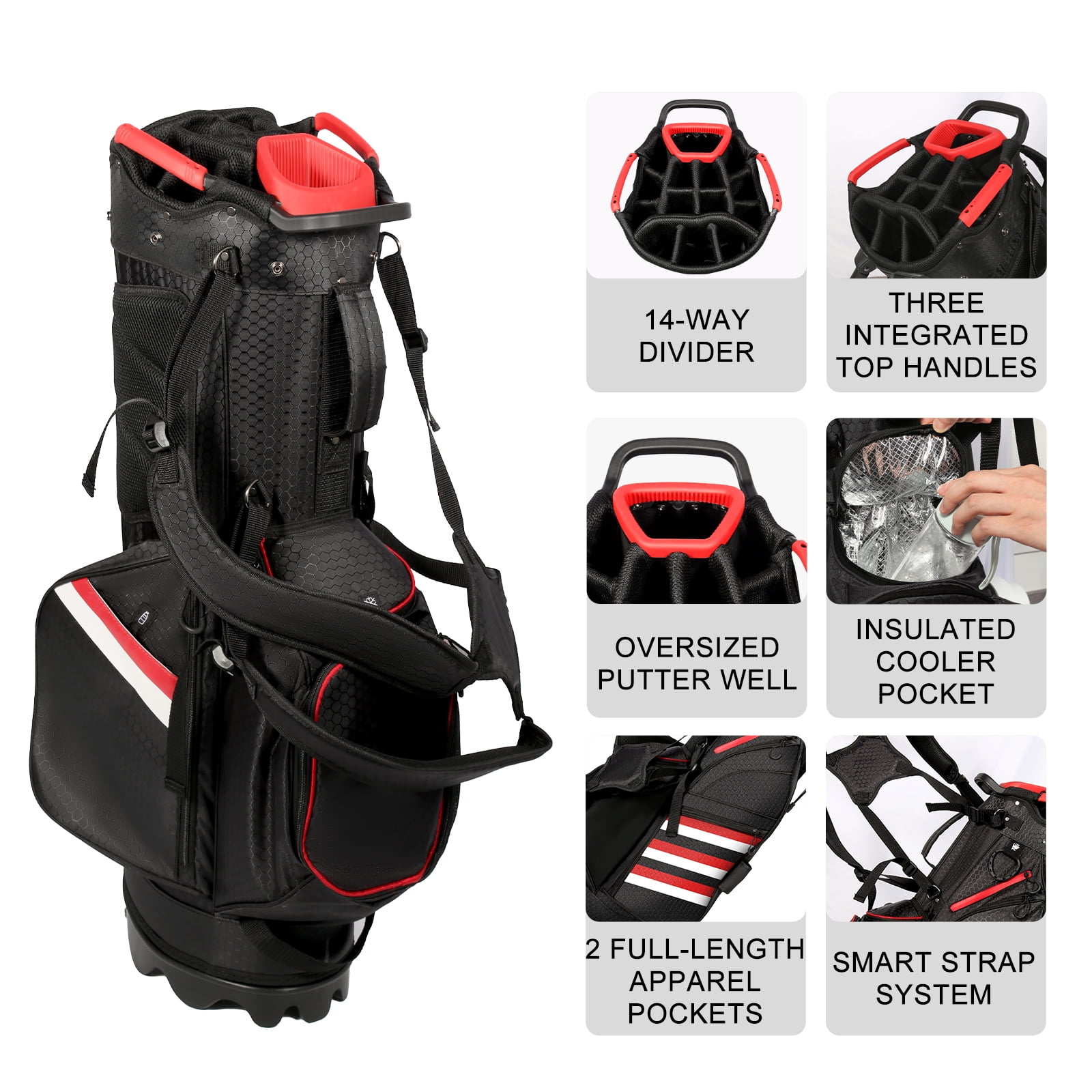 Uten Golf Club Cart Bag with Stand, 8” Top, Full-Length Dividers, 14 Storage Pockets, Lightweight & Durable, Water-Resistant Material, Easy Organizer for Clubs and Gear, Gray/Red