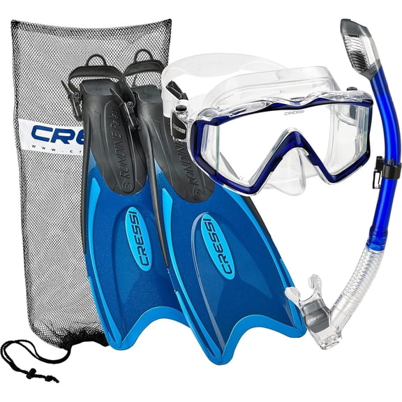 Cressi Italian Design Panoramic View Tempered Glass Lens Snorkel Mask, Dry Snorkel, Palau Long Snorkeling Fin, Mask Fin Snorkel Set with Carry Bag for Men and Women,Blue
