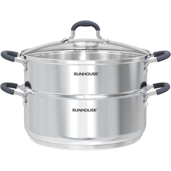 SUNHOUSE Stainless Steel Steamer Pot for Cooking - 6.3 QT Steaming Pot with Glass Lid & Steamer Basket - 2 Tier Tri-ply Vegetable Steamer with Stay-Cool Silicone Handles - Induction Compatible