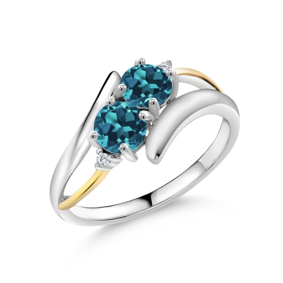 Gem Stone King 1.42 Cttw Round 5MM London Blue Topaz and Lab Grown Diamond 925 Silver and 10K Yellow Gold  Two Stone Crossover Ring for Women (Size 6)