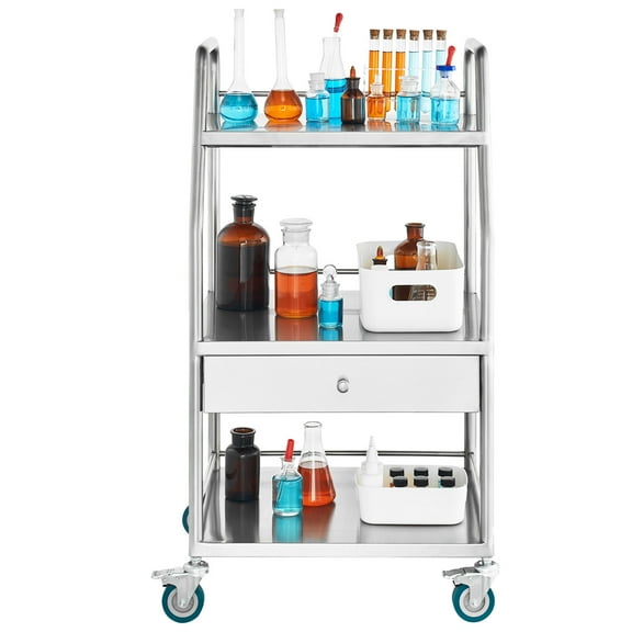 KFFKFF Laboratory Service Trolley, Triple Tiered Stainless Steel Mobile Cart, Medical Trolley with Single Drawer, Dental Equipment Cart with Locking Casters, Suitable for Labs, Hospitals