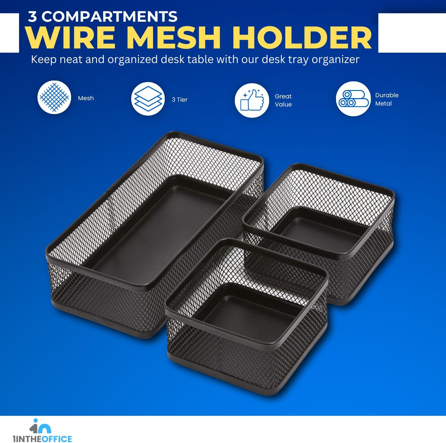 1InTheOffice Desk Baskets and Organizers Tray, Black Mesh Tray, Black Wire Mesh, 3-Compartment Stackable