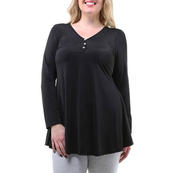 Women's Plus Long Sleeve Three Button Henley Tunic Top