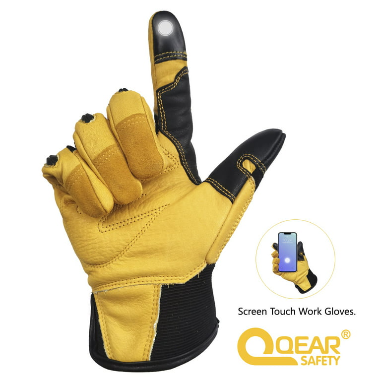 OPENMOON Flex Grip Leather Work Gloves Stretchable Wrist Tough Cowhide Working  Glove 1 Pair