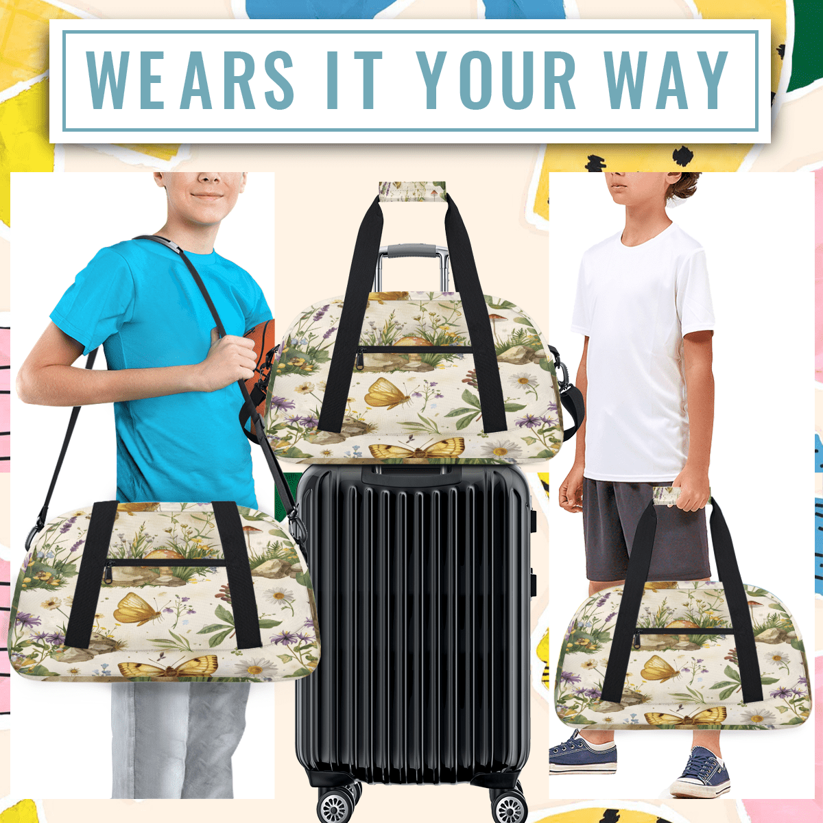 Herdesigns Butterfly Sports Duffle Bag for Women & Men, Floral Gym Bag Dance Bag Overnight Bag Carry On Weekender Travel Bag