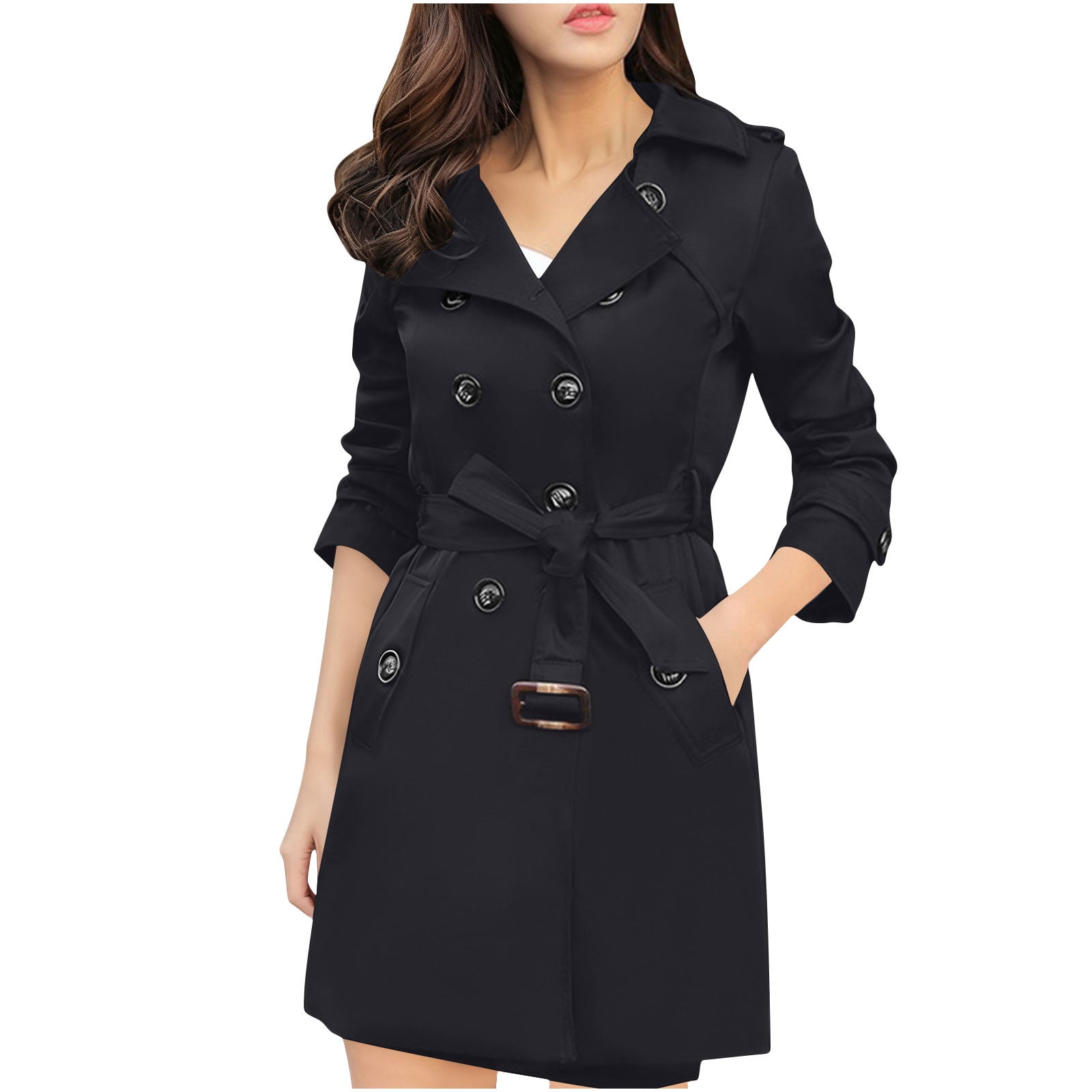 ClodeEU Women's Mid Long Notch Lapel Trench Tunic Coat ,Double Breasted Waterproof Trench Coat With Belt Black,Womens Plus M