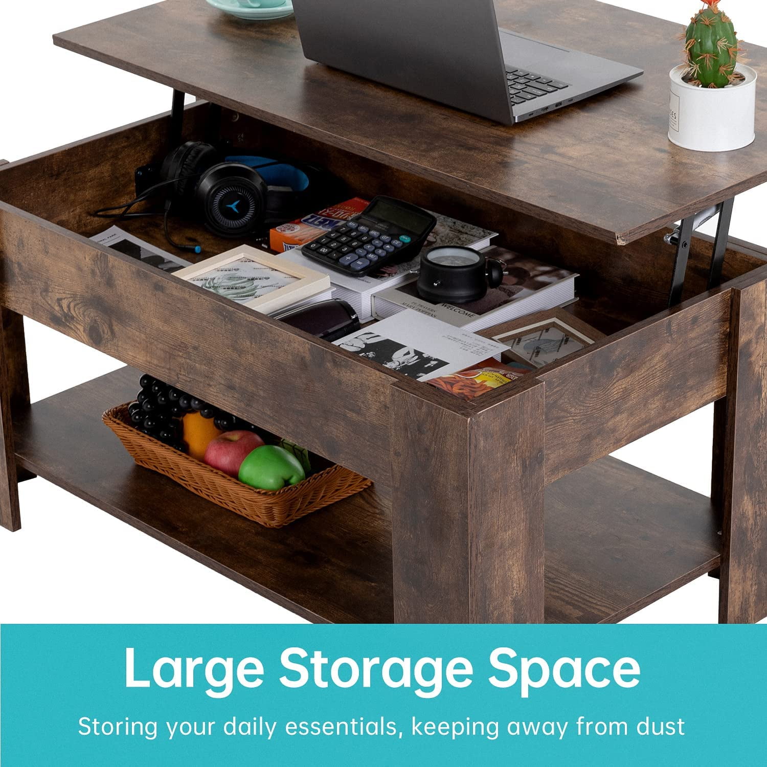 FDW Lift Top Coffee Table with Hidden Compartment and Storage Shelf,39.4",Brown
