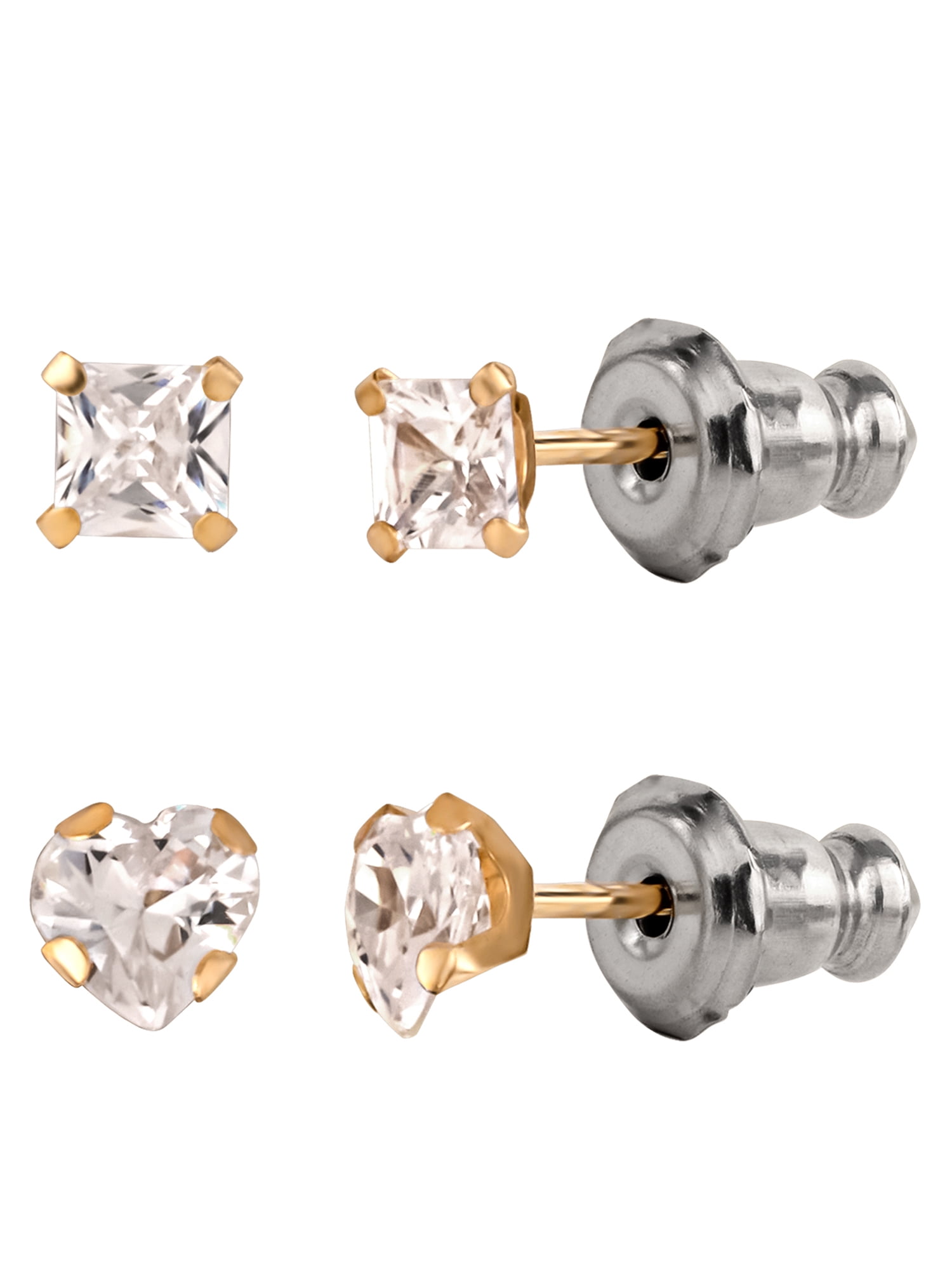 Brilliance Fine Girl’s / Tween 14K Yellow Gold CZ Square and Heart Stud Earring Set