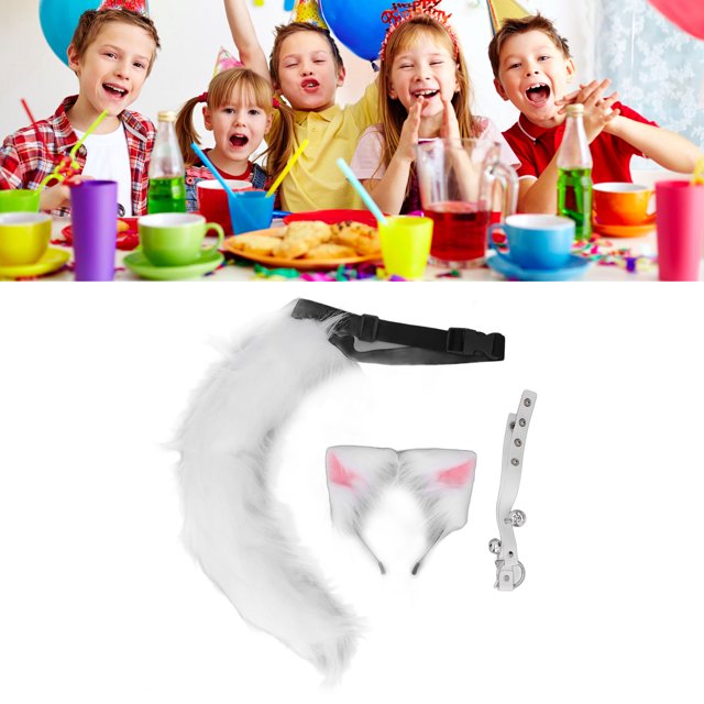 Bandeau Réglable Oreilles de Chat et Queue de Loup Costume Cosplay, Collier Cloche Doux et Confortable, Ensemble Cosplay de Fête avec Bande Élastique Adapté pour Robe