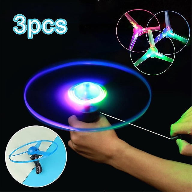 3pcs Led Lighting Flying Disc Propeller Helicopter Toys Pull String Flying Saucers Ufo Spinning Top Toy Kids Outdoor Fun Game