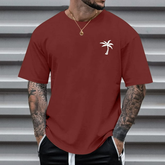 Men T Shirts Male Summer Beach Little Tree Print Blouse Short Sleeve O Neck Tops T Shirt