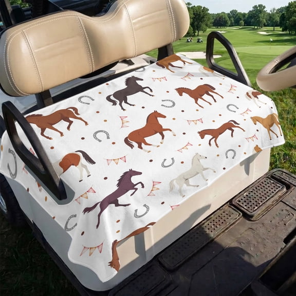 Horses Golf Cart Seat Covers Country Brown Black White Horses Horseshoes Soft Microfiber Golf Cart Seat Towel Blanket Golf Accessories for 2/4 Person Seats, Fits EZGO, Yamaha, Club Car 51”x31”