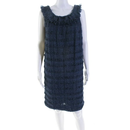 

Pre-owned|Sonia Bogner Womens Side Zip Scoop Neck Tweed Fringe Dress Blue Size 6