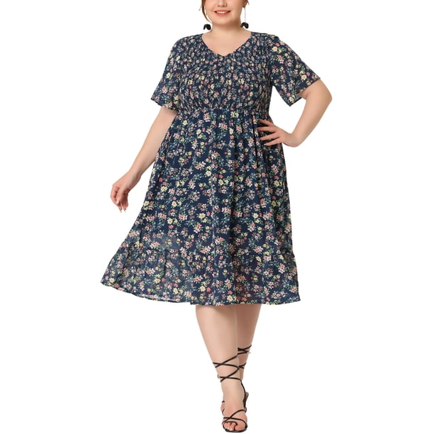 GRACE & GRANDEUR Vestido de Verano Midi Elegante con Flores para Mujeres Talla Grande 1X Azul
