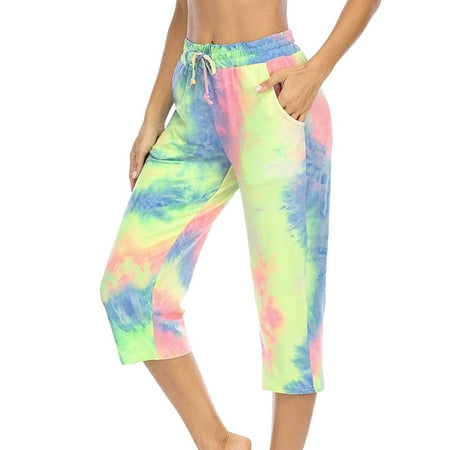 

Sexy Dance Women Comfy Pajama PJ Capri Sleepwear Nightwear Bottoms Tie Dye Elastic Waist Lounge Cropped Pants Loungewear Pocket