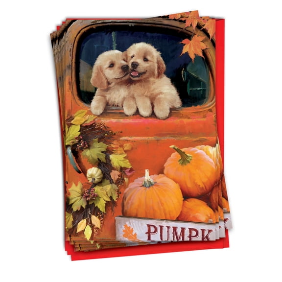 NobleWorks 12 Thanksgiving Greeting Cards with Envelopes (1 Design, 12 Each) Pumpkin Puppies - Truck C10191BTGG-B12x1