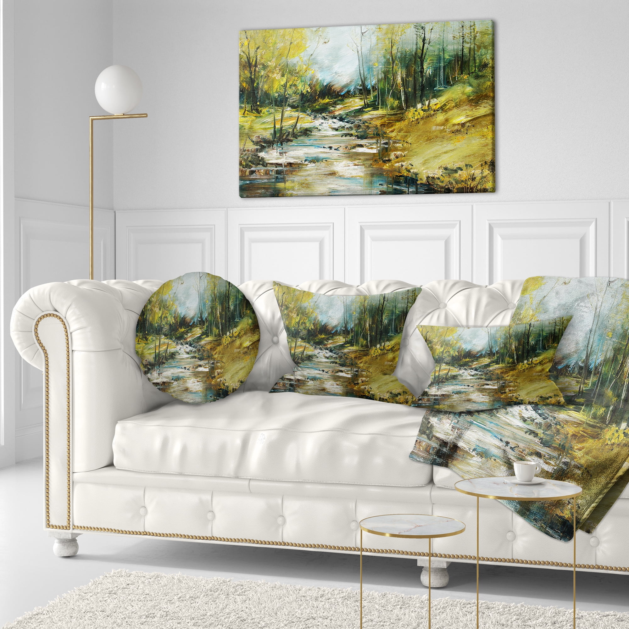 Designart Creek in the Forest Oil Painting - Landscape Painting Throw Pillow - 12x20