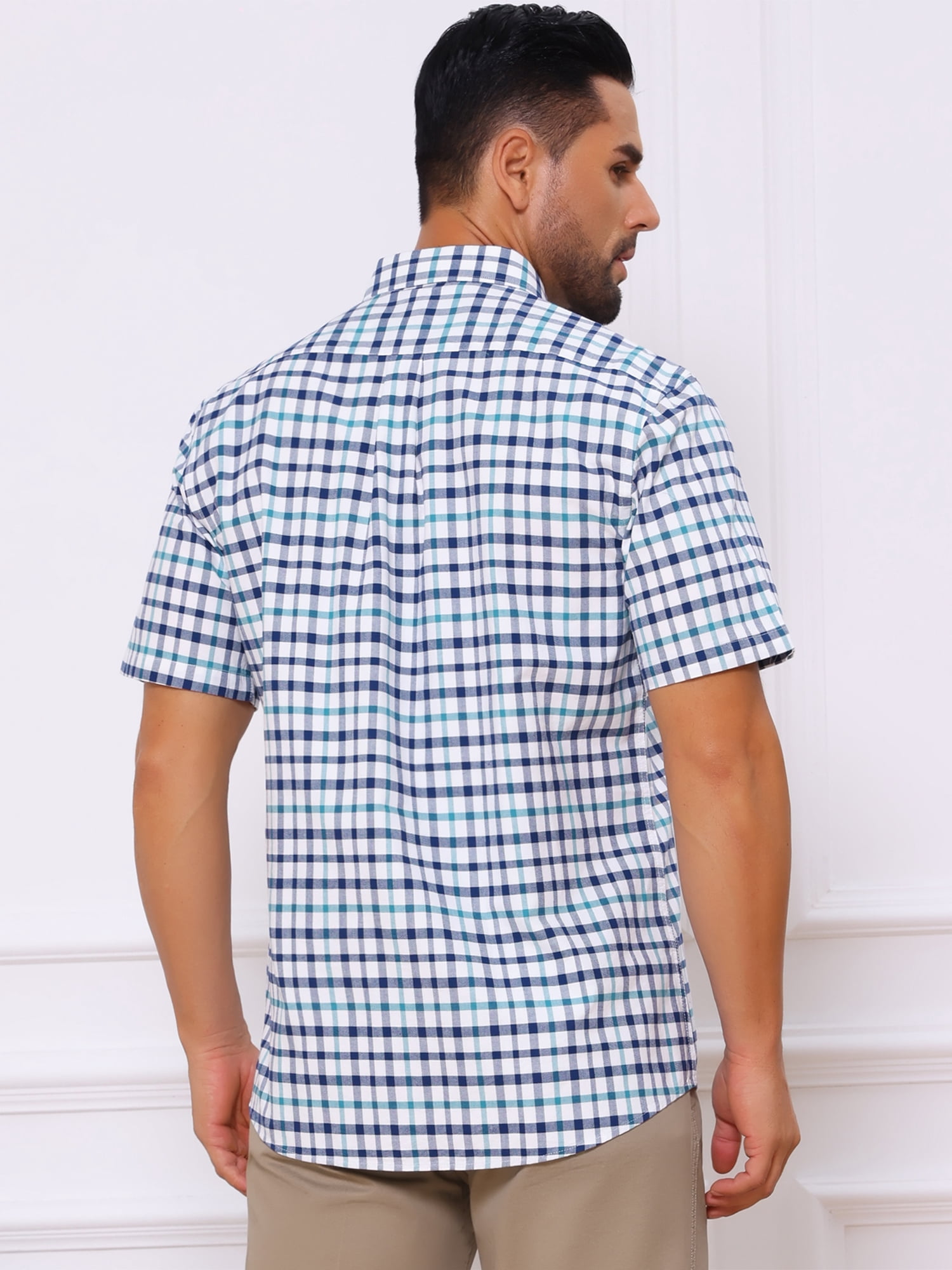 DARING DIVA Men's Point Collar Short Sleeve Button Business Plaid Shirts S White Navy