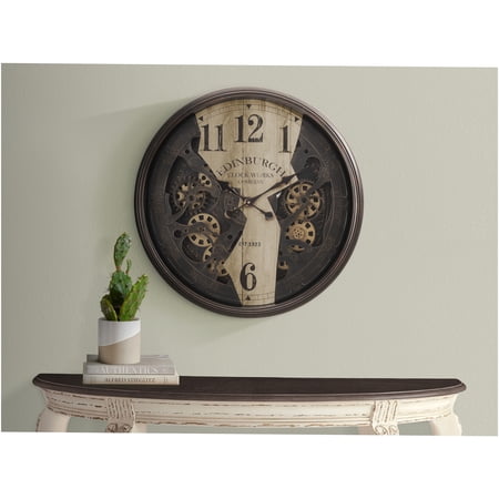 JERFIT 30 Inch Large Round Wall Clock with Moving Gears, Silent Non-Ticking Quartz Movement, Brown Industrial Vintage Decor for Living Room Kitchen Office